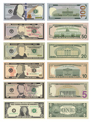 Set of One Hundred, Fifty, Twenty, Ten, Five Dollars and One Dollar bills on both sides. 100, 50, 20, 10, 5 and 1 US dollars banknotes. Vector illustration of USD isolated on white background - obrazy, fototapety, plakaty