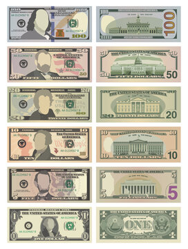 Set of One Hundred, Fifty, Twenty, Ten, Five Dollars and One Dollar bills on both sides. 100, 50, 20, 10, 5 and 1 US dollars banknotes. Vector illustration of USD isolated on white background