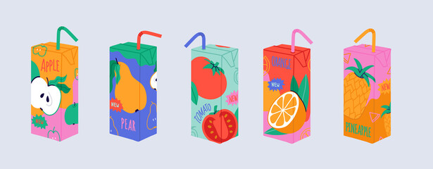 Set of colorful juice box with various fruit flavours. Apple, orange, tomato, pineapple, pear fresh. Lunch drink for kids. Lemonade illustration in cartoon style. Paper package isolated vector
