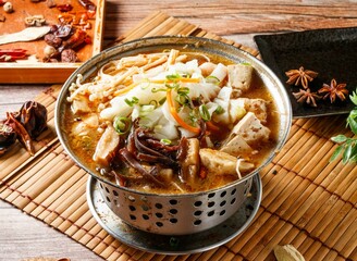 stinky pot stew with red chili isolated on mat side view of japanese food