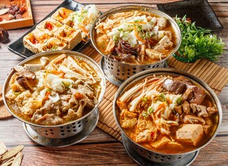 assorted hotpot large intestine Duck Blood pot, Crispy Fried Stinky Tofu in a black tray with red chili isolated on mat side view of japanese food