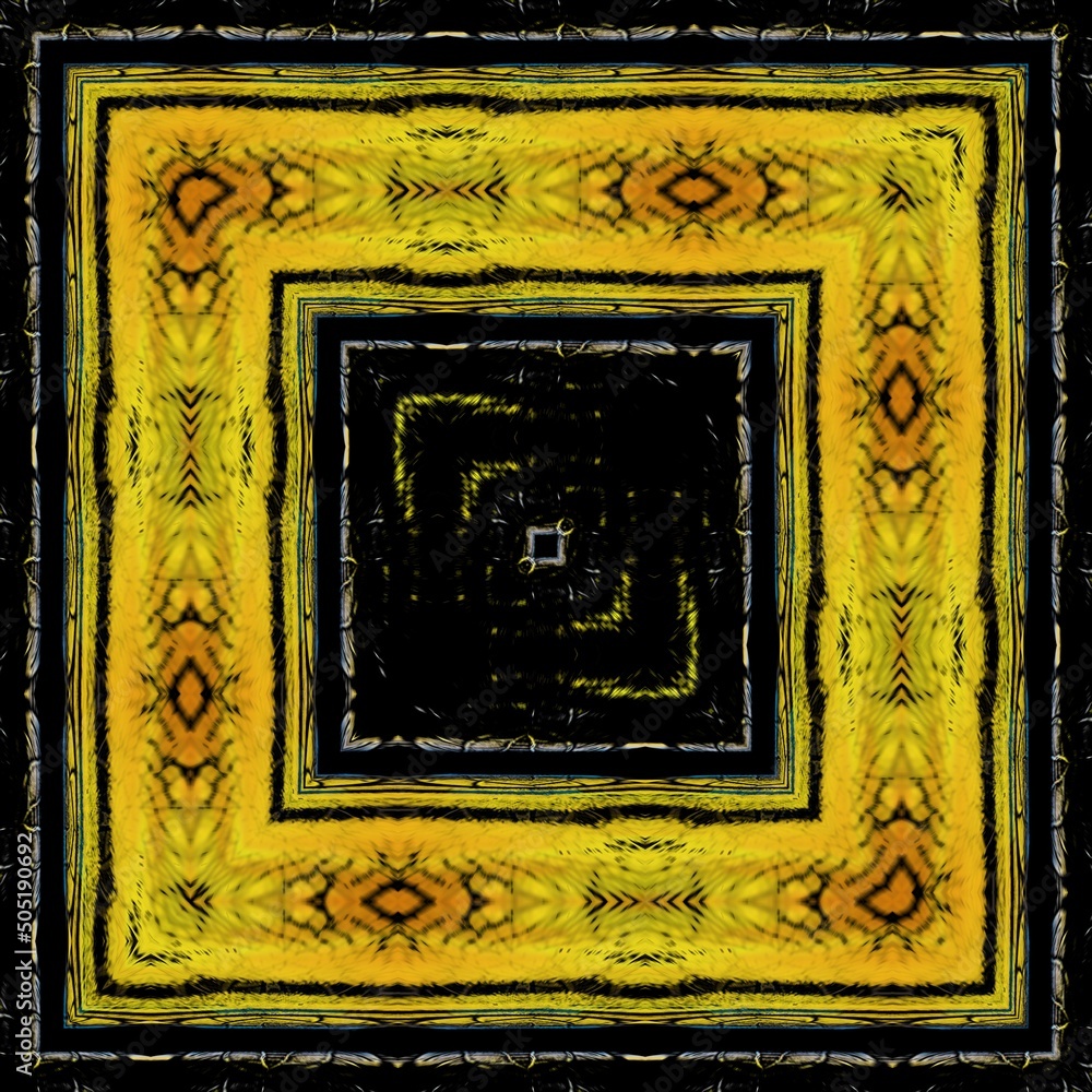 Aufkleber bright yellow gold patterns on black background generating many intricate shapes and designs in a sq