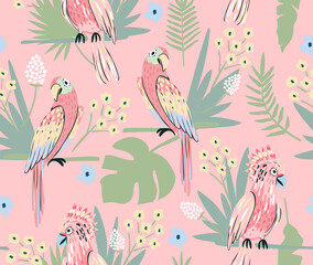 Fototapeta na wymiar Parrot seamless pattern with and palm leaf. Cute background for girls, baby or kids