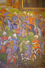 Fresco at Chehel Sotoun palace showing the battle between Shah Esmaeel Safavid and Sheibak Khan the Uzbek, Isfahan, Iran