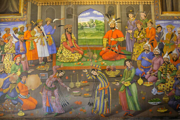 Fresco at Chehel Sotoun palace showing the reception assembly of shah Tahmasb Safavid and the king...