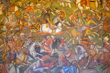 Fresco at Chehel Sotoun palace showing the battle of Chaldoran between shah Ssmaeel safavid and...