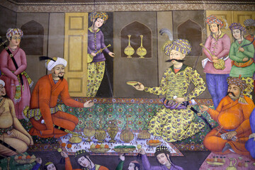 Fresco at Chehel Sotoun palace showing the reception assembly of Shah Abbas for Vali Mohammad Khan,...