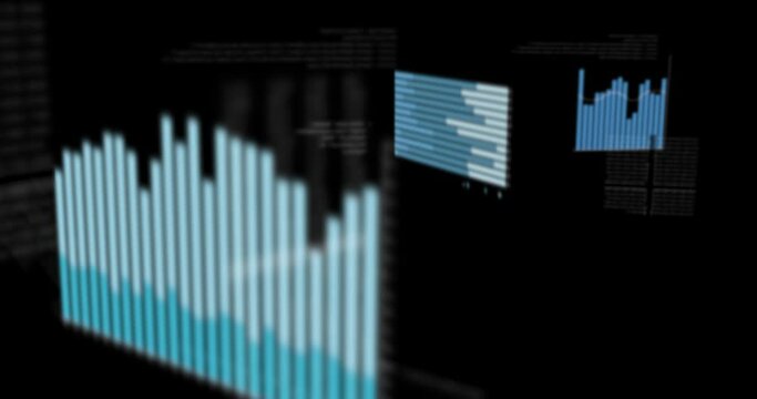 Animation of financial data and statistics processing over black background