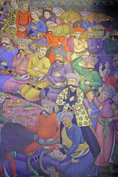Fresco at Chehel Sotoun palace showing the reception assembly of Shah Abbas for Vali Mohammad Khan, Isfahan, Iran