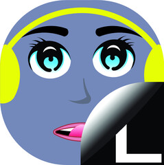 A character of grey avatar with a letter L and yellow headphone. Alphabetical cartoon face with a letter L.