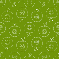 Seamless pattern with apple. White flat icon apple slice on color background. Linear icon fruit set. Modern design for print on fabric, wrapping paper, wallpaper, packaging. Vector illustration