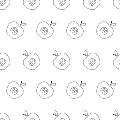 Seamless pattern with apple. Black flat icon apple slice on white background. Linear icon fruit set. Modern design for print on fabric, wrapping paper, wallpaper, packaging. Vector illustration
