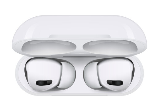 White wireless headphones Apple AirPods Pro, on white background. Realistic vector illustration