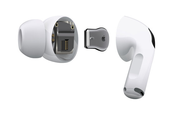 White wireless headphones Apple AirPods Pro inside, on white background. Realistic vector illustration