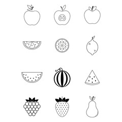 Fruits icon set. Apple, strawberry, pear, citrus, slice watermelon in flat style black color. Fruits icon isolated on white background. Logo for juice, cocktail. Vector illustration for web design