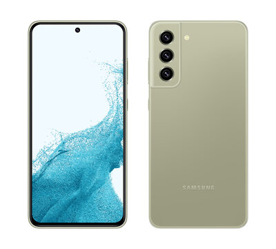 Smart phone Samsung Galaxy S21 FE in front and back sides, in official grey color, on white background. Realistic vector illustration