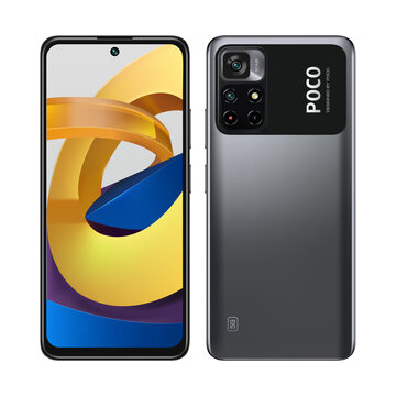 Smart phone Xiaomi Poco M4 Pro in front and back sides, in official black color, on white background. Realistic vector illustration