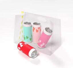 Sealed coffee and beverage cans in plastic bag. Easy-to-deliver cans with 3D rendering. Isolated on white background.
