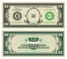 Vector double-sided greeting card in the style of vintage american dollars. Happy twenty second birthday. Сongratulations anniversary. Sample with empty oval and ribbon. Inscription your photo
