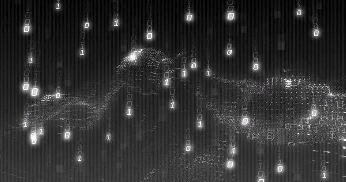 Animation of binary coding data processing over waving on black background