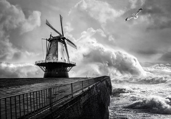 Dramatic scene in black and white: storm near the seacoast ( Vlissingen - The Netherlands )