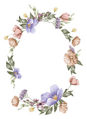 Obraz na płótnie Canvas Beige and purple summer flower frame for card, invitation, fabric design. Floral wreath composition.