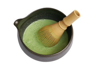 Japanese organic matcha green tea in ceramic bowl with whisk isolated on white background, clipping path included