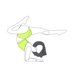 The girl does yoga in an inverted pose asana. Drawing with one line on a white background.