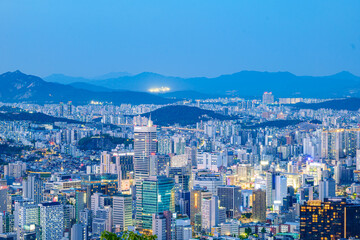 Seoul city night view taken from Namsan Mountain in Seoul, South Korea at night time