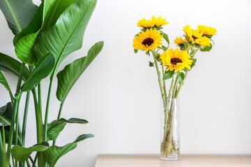 Beautiful natural yellow sunflowers (Helianthus) in a cylindrical glass vase on wooden surface...