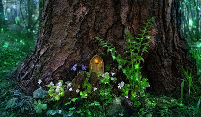 Little magic wooden fairy door in tree trunk, mystery dark forest natural background. Fairy tale...