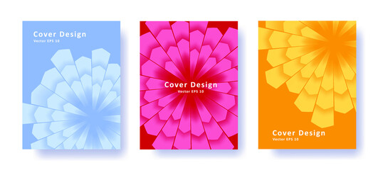 Set of posters with abstract geometric backdrop, rays spreading from the center. Vector illustration