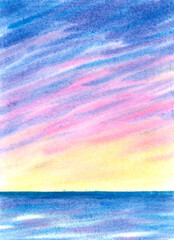 Simple minimalistic watercolor seascape. Beautiful romantic sunset. Hand drawn creative art. Creative background. Vertical view, copy-space. Template for designs, card, posters. Yellow, pink, purple. 