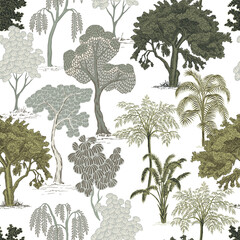 Park trees, banana tree summer floral seamless pattern. Exotic landscape wallpaper.