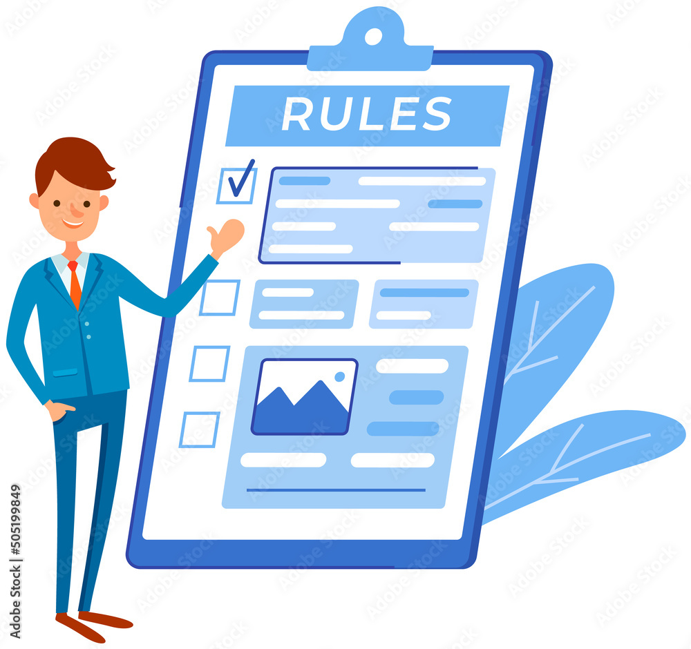 Poster giant clipboard, task done and check mark ticks. check document with rules. form with survey, paper 