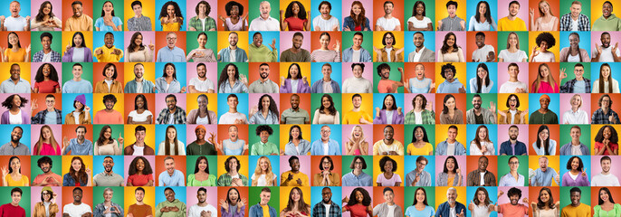 Headshot happy diverse people make gestures and signs with hands, isolated on colorful background, collage