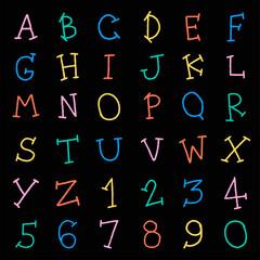 Cute Children Kids Font Letter Cartoon Style Hand Drawing Draw Colorful All Cap English Alphabet Numeric Number Character Small Doodle Line Set Collection isolated vector illustration Black Background