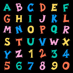 Cute Children Kid Font Letter Cartoon Style Hand Drawing Drawn Colorful All Cap English Alphabet Numeric Number Character Thick Doodle Line Set Collection isolated vector illustration Black Background