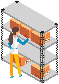 Woman In Warehouse Checking Inventory Levels Of Goods On Shelf. Warehouse With Boxes. Storage Office Utility Room With Delivery Service. Orders, Send To Customer, Boxes With Products And Stickers