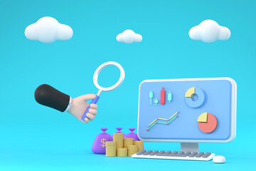hand holding magnifying glass and Computer PC making money in investing in stocks financial business concept.