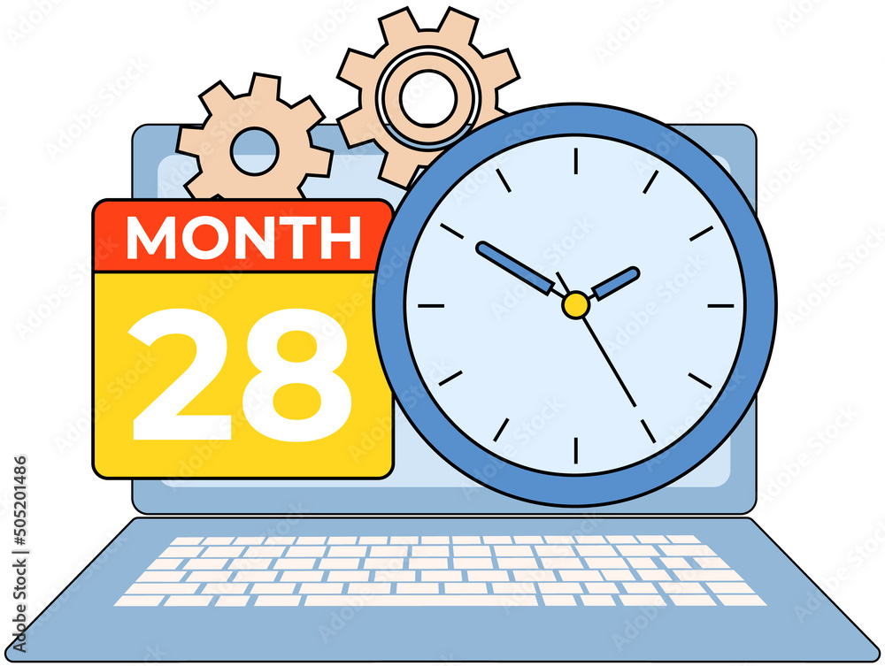 Poster deadline calendar, gears and alarm clock on screen. program for planning schedule and appointments. 