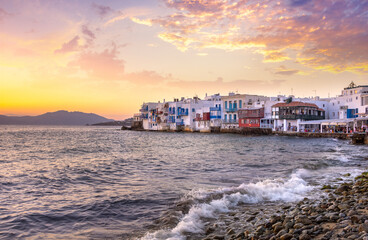 View of the famous pictorial Little Venice bay of Mykonos town in Mykonos island in Greece - obrazy, fototapety, plakaty