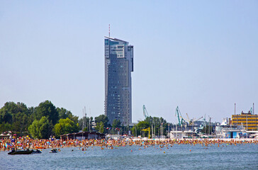 Crowded Municipal beach in Gdynia, Baltic sea, Poland
