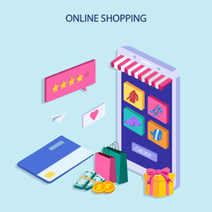 Online shopping isometric concept. mobile phone with bags shopping.