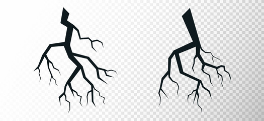 Ground cracks set on transparent background. Ground split after disaster. Aging or dried ground effects. Earthquake crack the rift on surface. Ruined cracked texture. Vector illustration