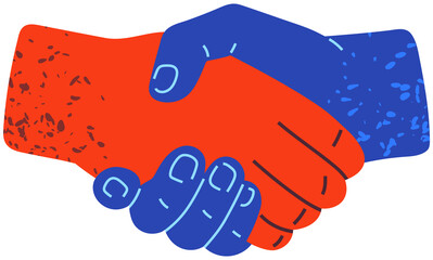 Symbol of success deal, happy partnership, greeting shake, handshake of agreement. Friendly handshake, crossed human arms. Colored hands hold each other. People shake their hands as sign of deal