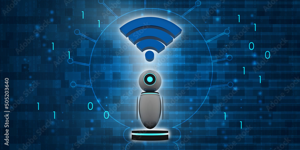 Poster 3d render robot connected wifi
