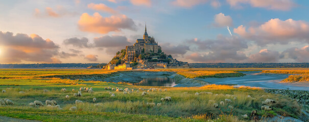 Famous Le Mont Saint-Michel tidal island in Normandy, France - 505203619