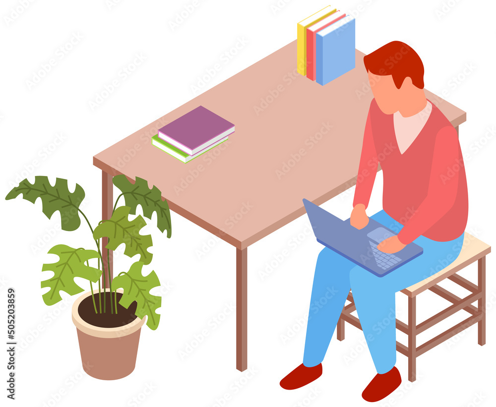 Poster employee working from home, remote job using personal computer or laptop for tasks completion. busin