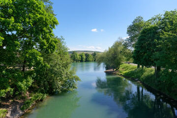 Fototapeta na wymiar Marne river in Chateau-Thierry city. Haut-De-France region